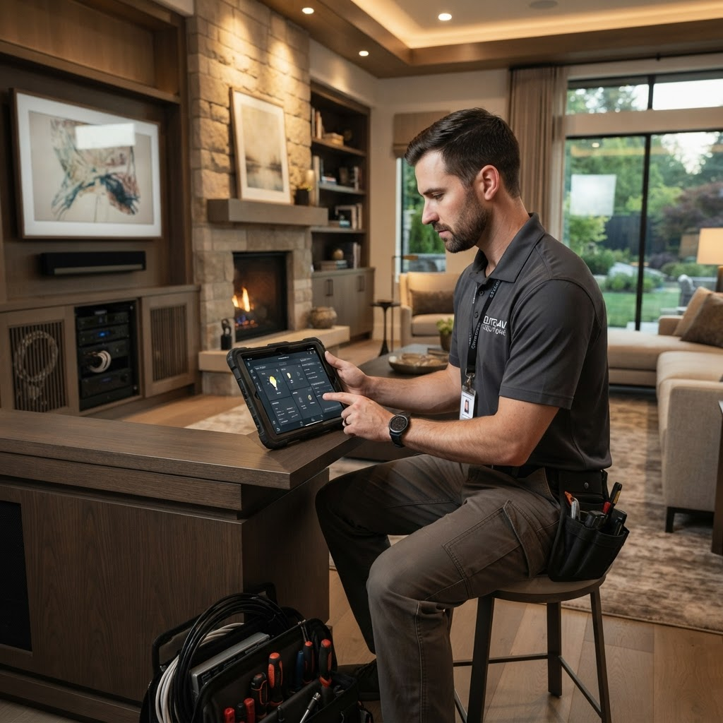 Sanctuary Systems technician configuring a smart home system