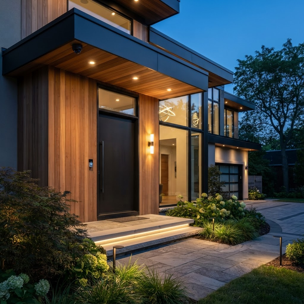 Modern luxury home entrance with discreet security camera at dusk