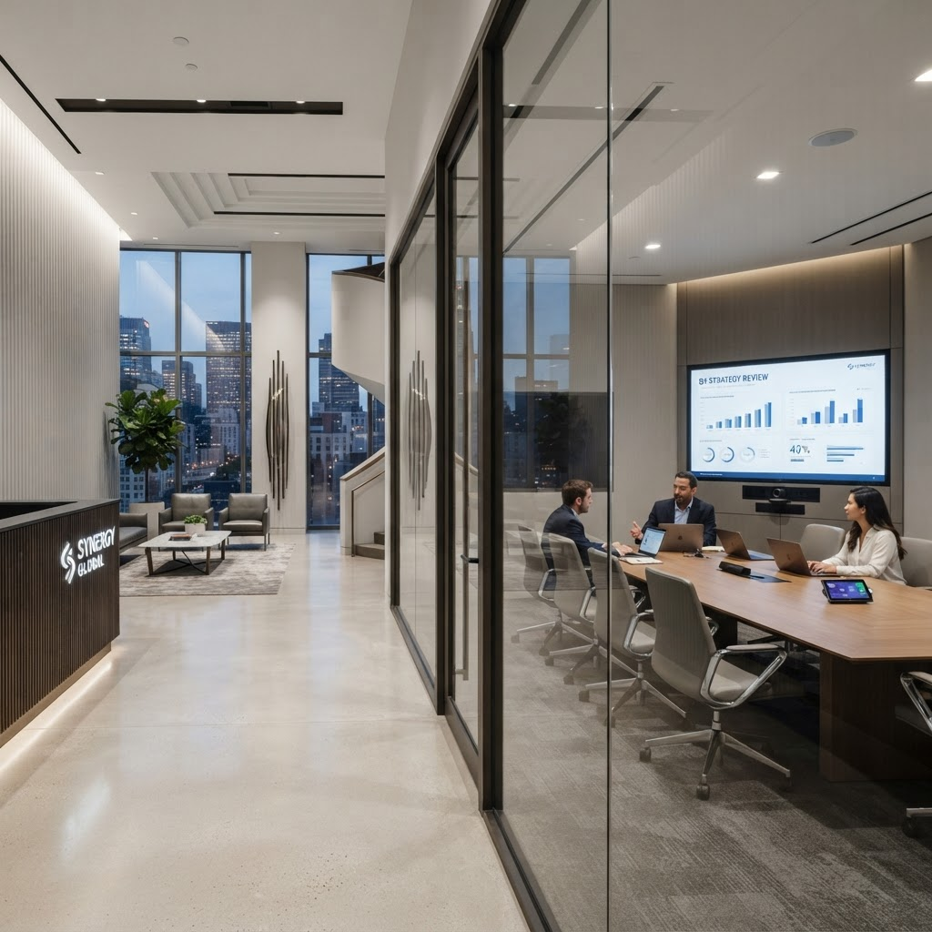 Modern corporate office lobby with integrated AV technology