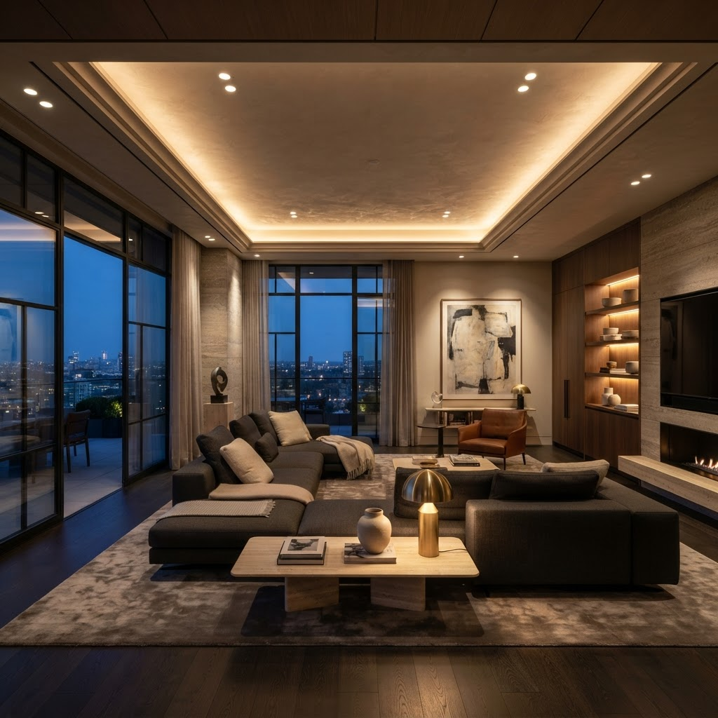 Luxury interior with layered ambient lighting at dusk