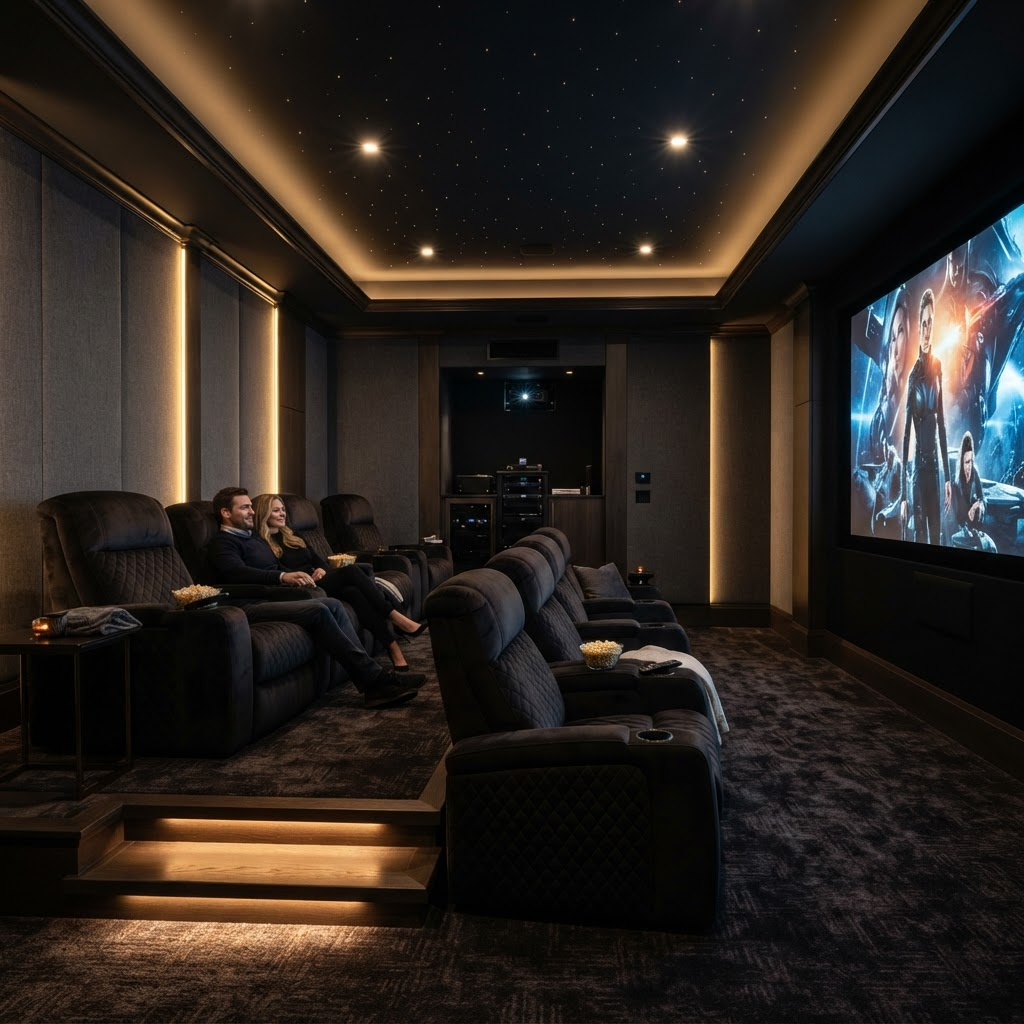 Luxury private home theater with tiered seating