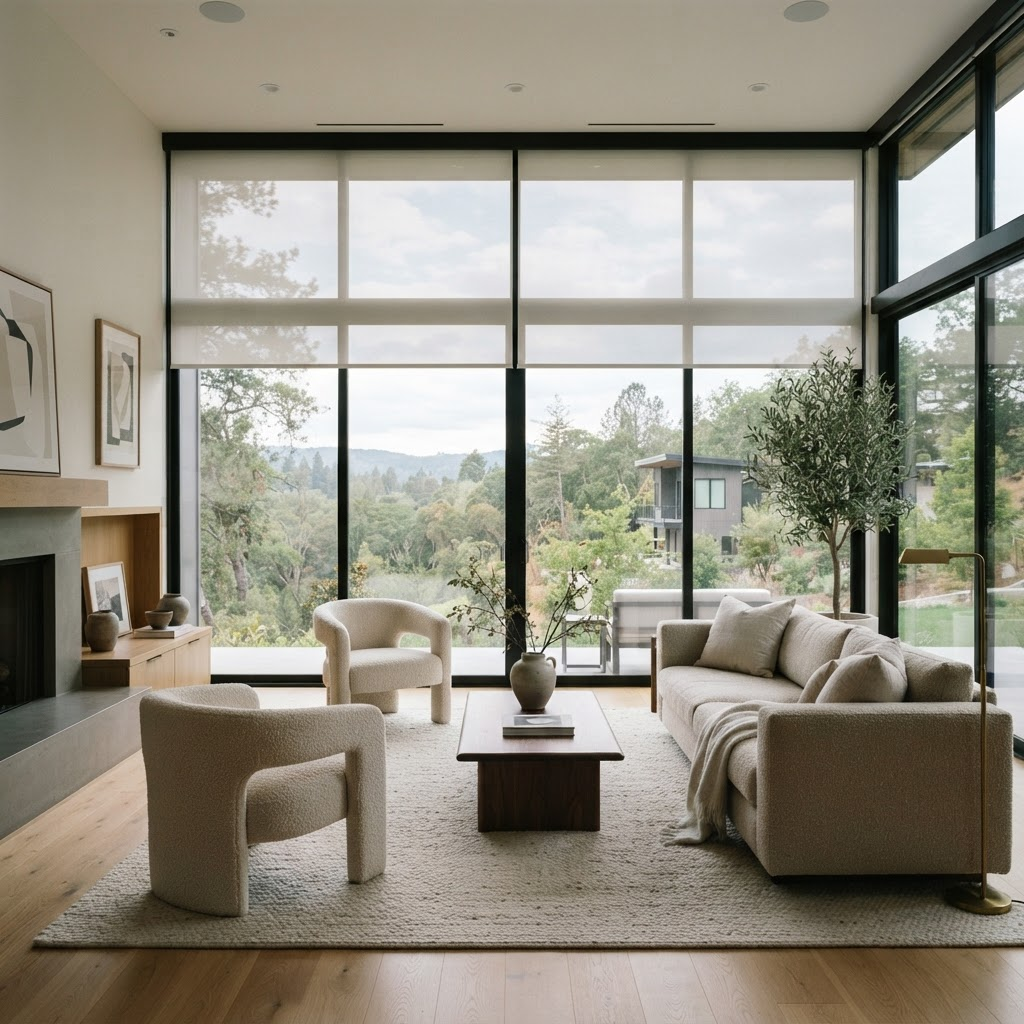 Modern living space with large windows and elegant motorized shades