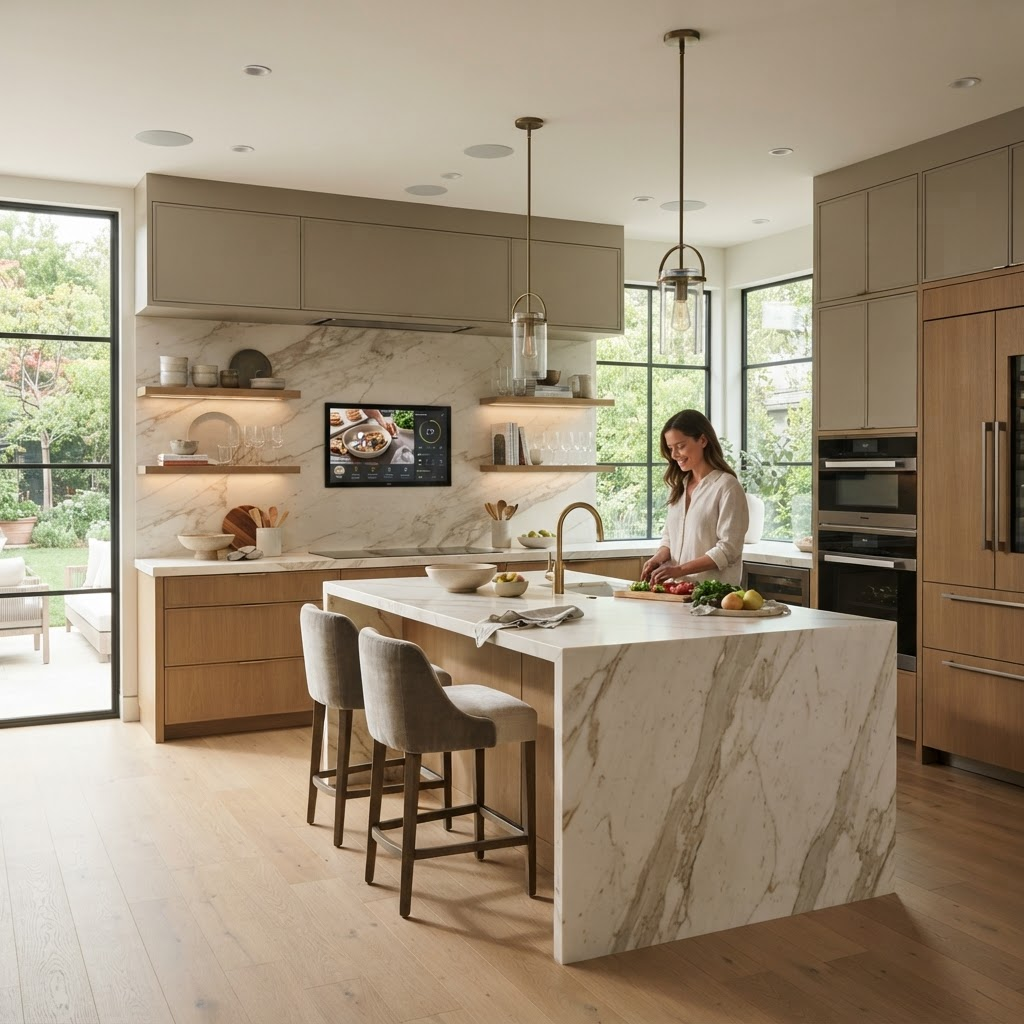 Luxury modern kitchen with integrated smart display and hidden audio