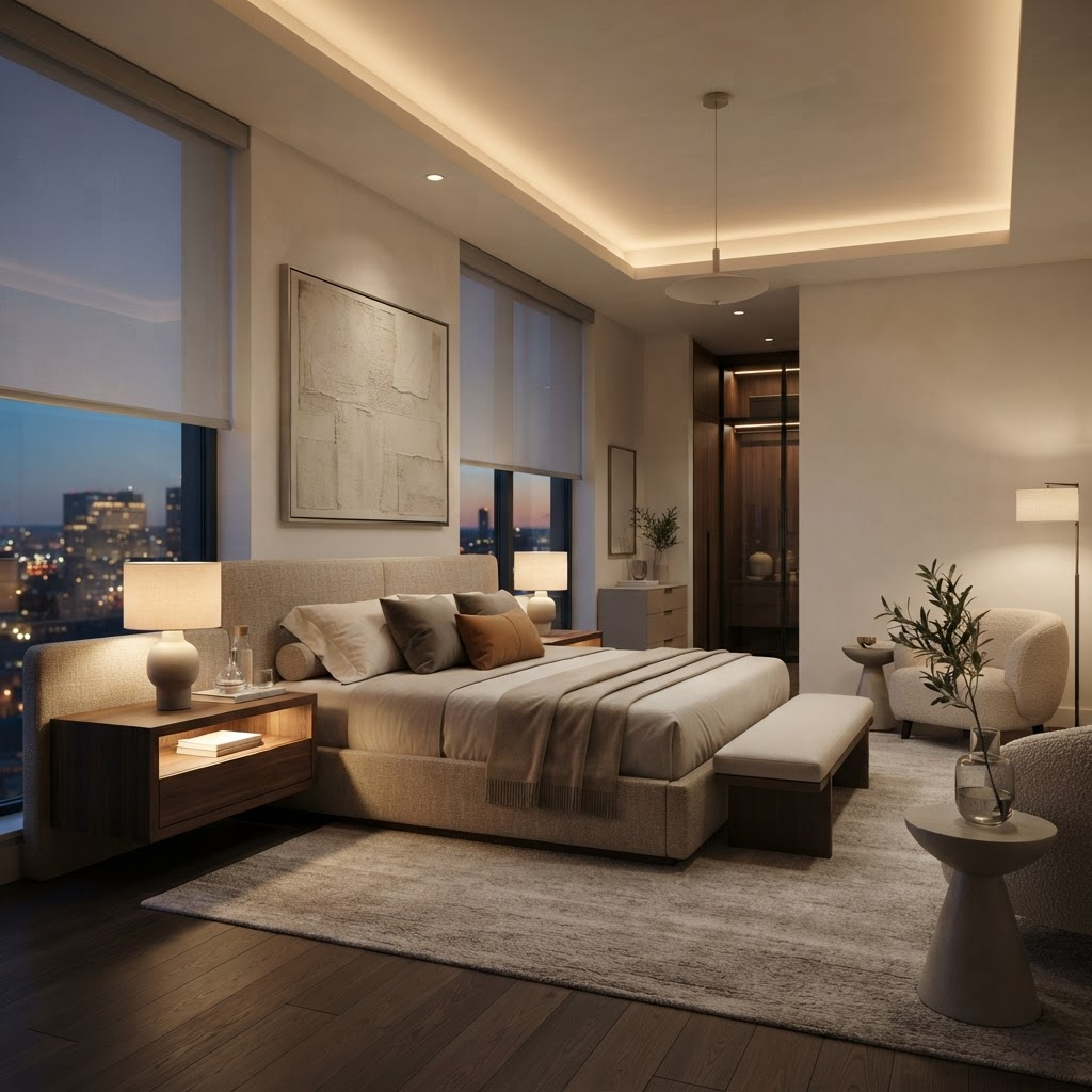 Elegant master bedroom with motorized shades and ambient lighting