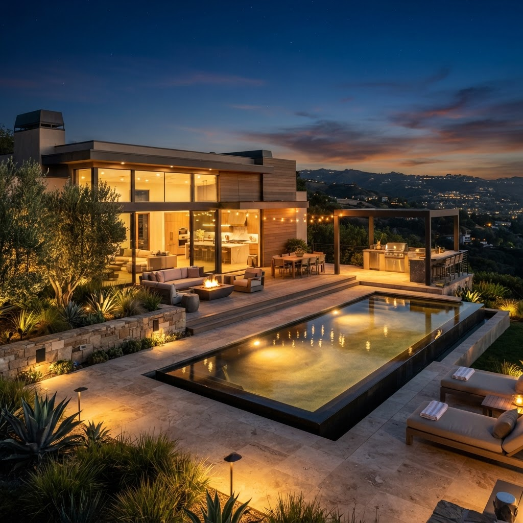Luxury outdoor patio and pool area with integrated audio and lighting at dusk