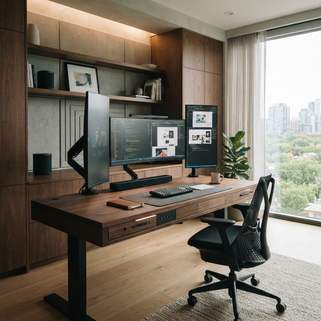 Modern home office with integrated technology and displays