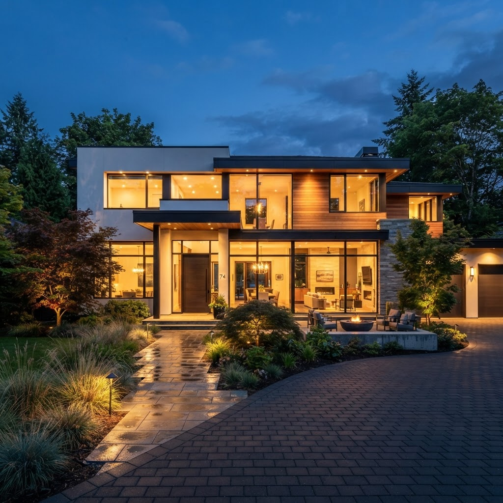 Luxury residential home exterior glowing at dusk