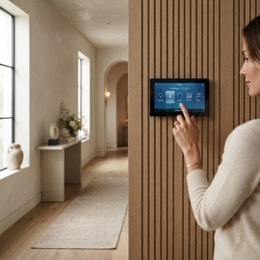Wall-mounted smart home control touchscreen in a modern luxury hallway